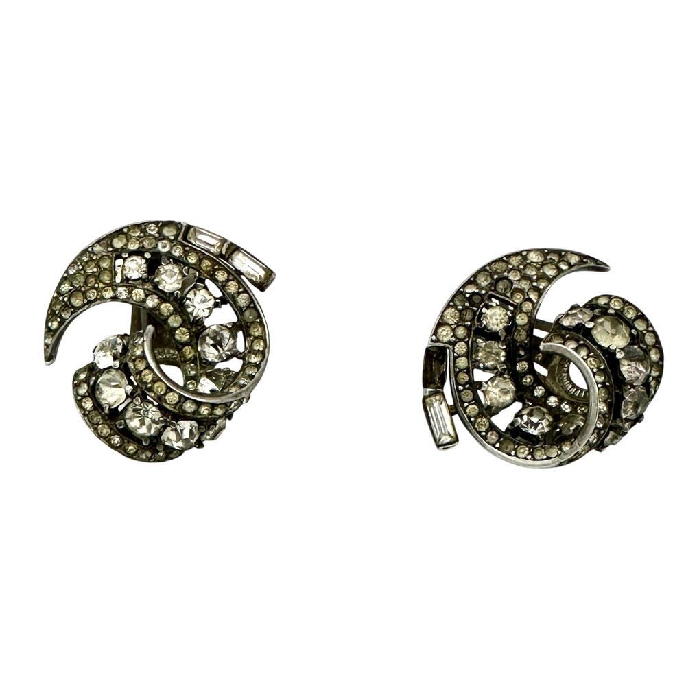 Vintage Sterling Statement Clip On Earrings Pat Pended (Crown Trifari?) Read